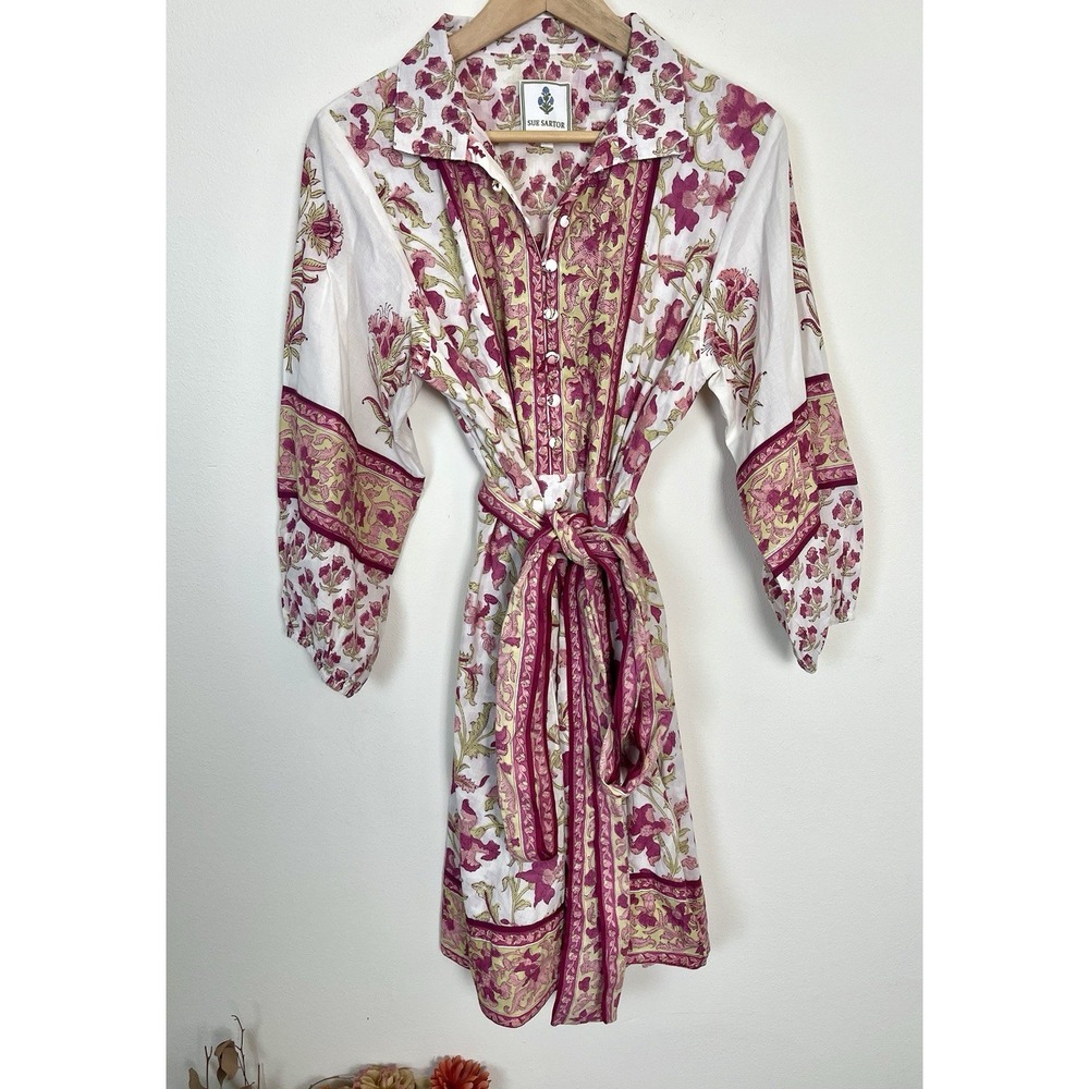 SUE SARTOR Anthropologie Long-Sleeve Flounce Dress Pink Peridot Dahlia Floral L - Picture 6 of 16